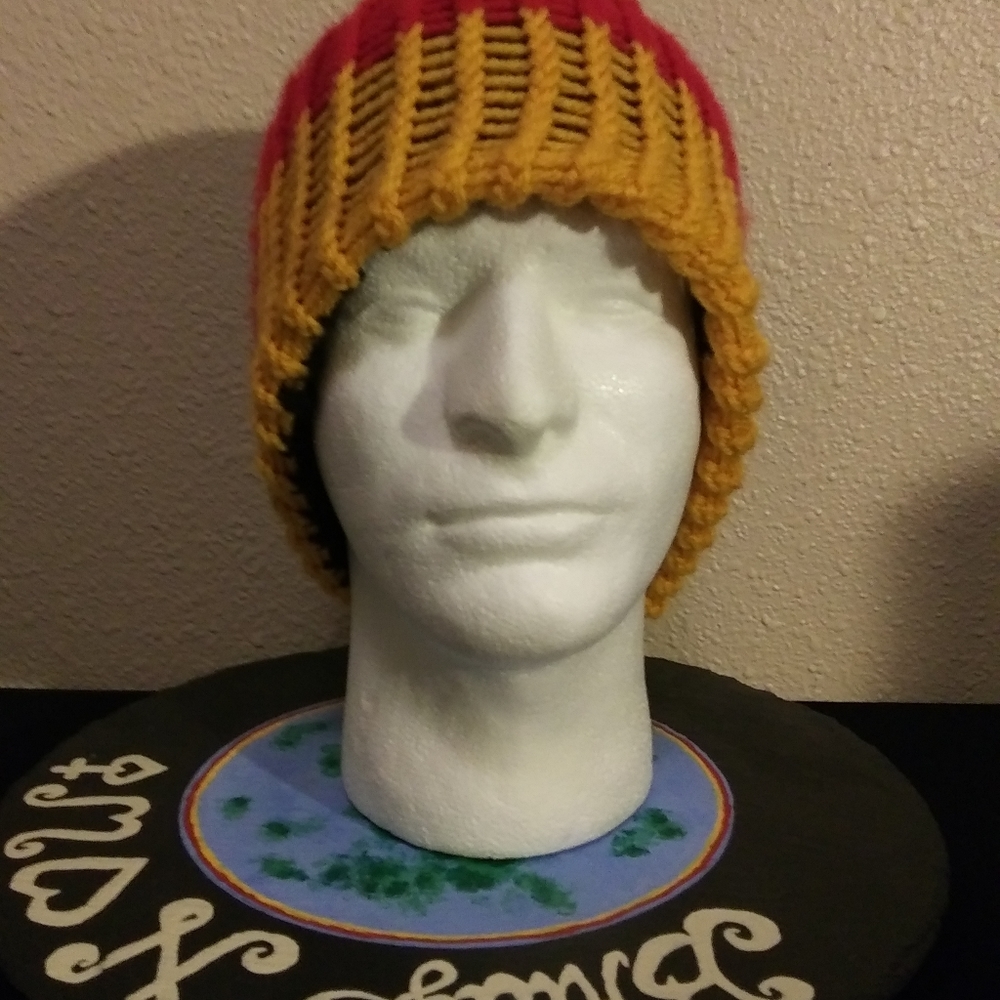 Knitted Reversible Hat, Black, Yellow, Red & Green